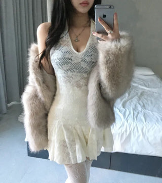 Rose See-through Brushed Halterneck Dress Flare Halter Spring