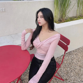 Delicate See-through Twisted Off-shoulder Long-sleeve T-shirt