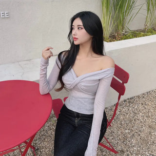 Delicate See-through Twisted Off-shoulder Long-sleeve T-shirt