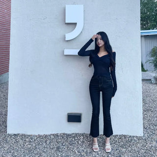 Delicate See-through Twisted Off-shoulder Long-sleeve T-shirt