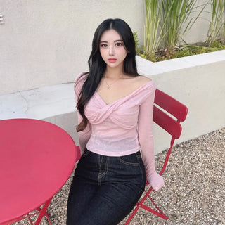 Delicate See-through Twisted Off-shoulder Long-sleeve T-shirt