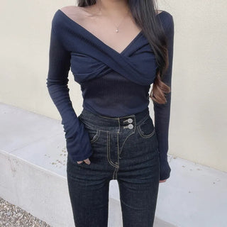 Delicate See-through Twisted Off-shoulder Long-sleeve T-shirt