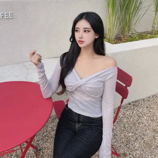 Delicate See-through Twisted Off-shoulder Long-sleeve T-shirt