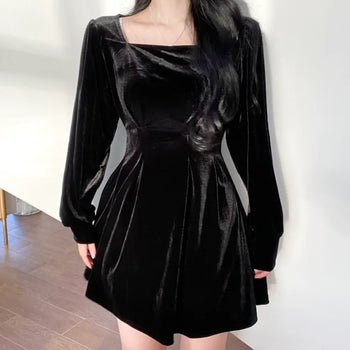Velvet Square Neck Puff Pintuck Flare Dress