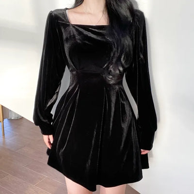 Velvet Square Neck Puff Pintuck Flare Dress