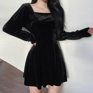 Velvet Square Neck Puff Pintuck Flare Dress