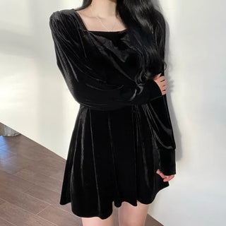 Velvet Square Neck Puff Pintuck Flare Dress