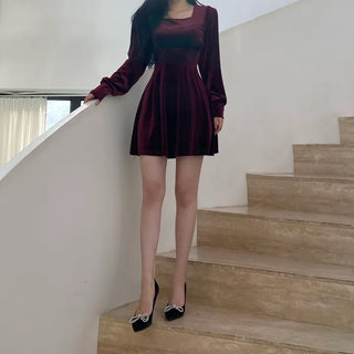 Velvet Square Neck Puff Pintuck Flare Dress