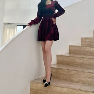 Velvet Square Neck Puff Pintuck Flare Dress
