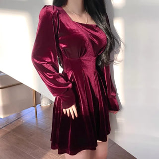 Velvet Square Neck Puff Pintuck Flare Dress