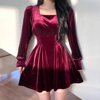 Velvet Square Neck Puff Pintuck Flare Dress
