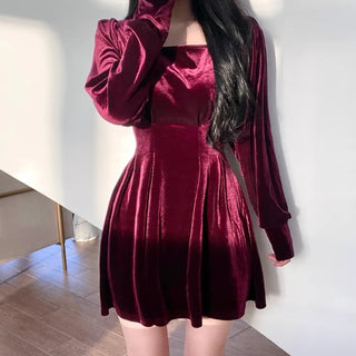 Velvet Square Neck Puff Pintuck Flare Dress
