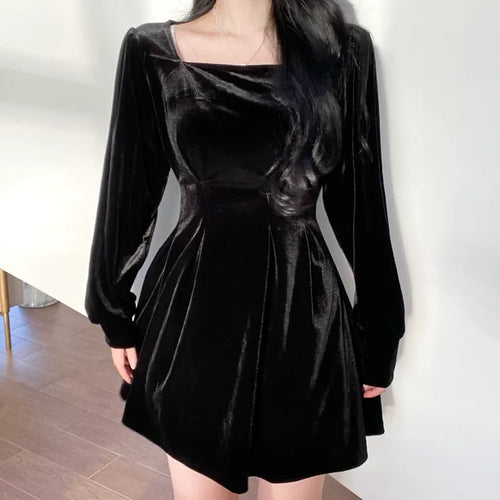 Velvet Square Neck Puff Pintuck Flare Dress