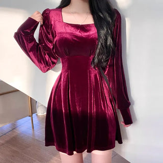 Velvet Square Neck Puff Pintuck Flare Dress