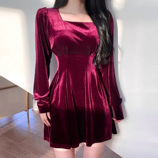 Velvet Square Neck Puff Pintuck Flare Dress