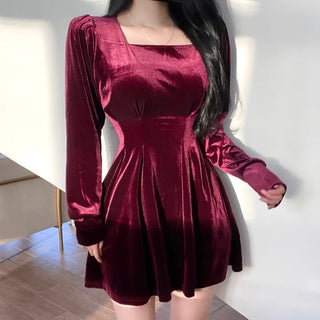 Velvet Square Neck Puff Pintuck Flare Dress