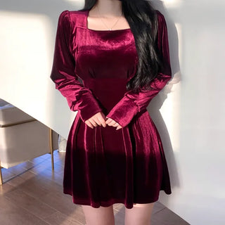Velvet Square Neck Puff Pintuck Flare Dress