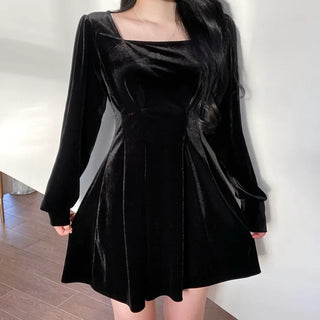 Velvet Square Neck Puff Pintuck Flare Dress