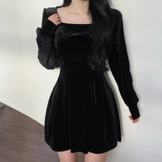 Velvet Square Neck Puff Pintuck Flare Dress