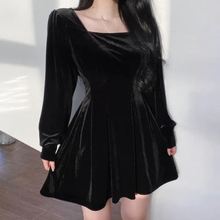 Velvet Square Neck Puff Pintuck Flare Dress