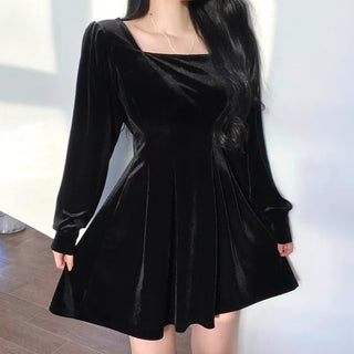 Velvet Square Neck Puff Pintuck Flare Dress