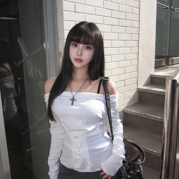 Snap Off-Shoulder Long Sleeve T-Shirt Daily Training Basic