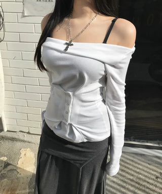 Snap Off-Shoulder Long Sleeve T-Shirt Daily Training Basic
