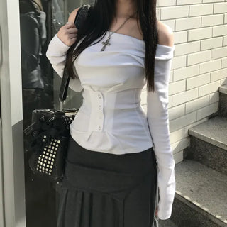 Snap Off-Shoulder Long Sleeve T-Shirt Daily Training Basic