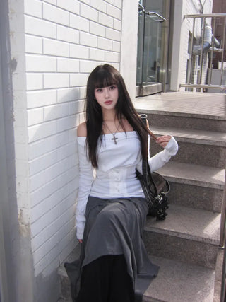 Snap Off-Shoulder Long Sleeve T-Shirt Daily Training Basic