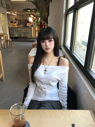 Snap Off-Shoulder Long Sleeve T-Shirt Daily Training Basic