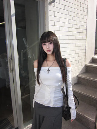 Snap Off-Shoulder Long Sleeve T-Shirt Daily Training Basic