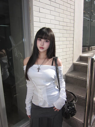 Snap Off-Shoulder Long Sleeve T-Shirt Daily Training Basic