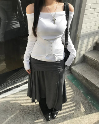 Snap Off-Shoulder Long Sleeve T-Shirt Daily Training Basic