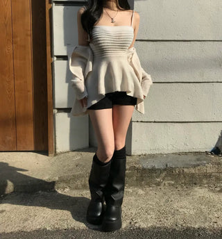 Delicate Angora Knit Flare Sleeveless Cardigan Set Spring