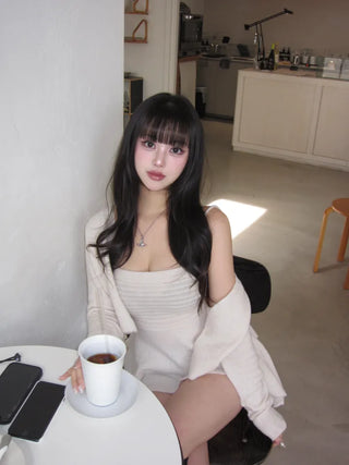 Delicate Angora Knit Flare Sleeveless Cardigan Set Spring
