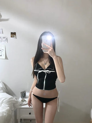 Ribbon Contrast Collar Bikini Sleeveless Off-shoulder Southeast Asia