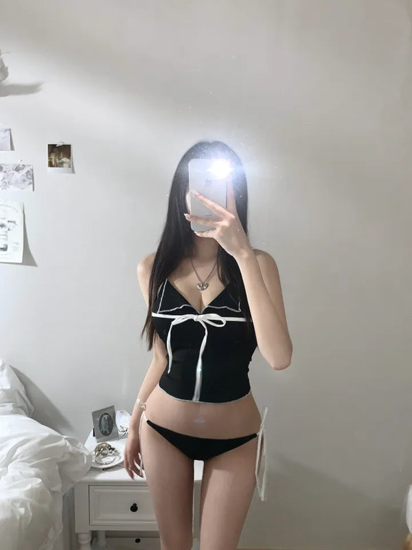 Ribbon Contrast Collar Bikini Sleeveless Off-shoulder Southeast Asia