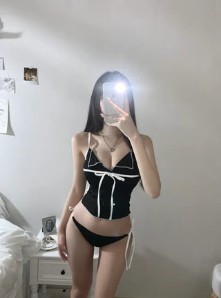 Ribbon Contrast Collar Bikini Sleeveless Off-shoulder Southeast Asia