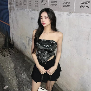 Velvet butterfly pattern V-cut tube top