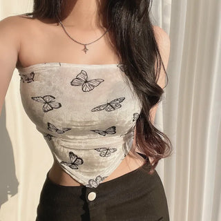 Velvet butterfly pattern V-cut tube top