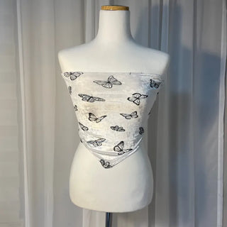 Velvet butterfly pattern V-cut tube top