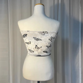 Velvet butterfly pattern V-cut tube top
