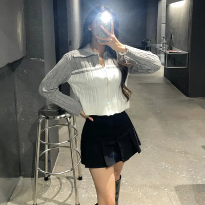 Cable Knit Color Block Collar Zip-Up