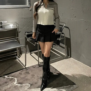 Cable Knit Color Block Collar Zip-Up