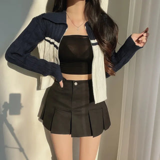 Cable Knit Color Block Collar Zip-Up