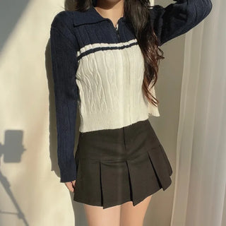 Cable Knit Color Block Collar Zip-Up