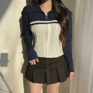 Cable Knit Color Block Collar Zip-Up