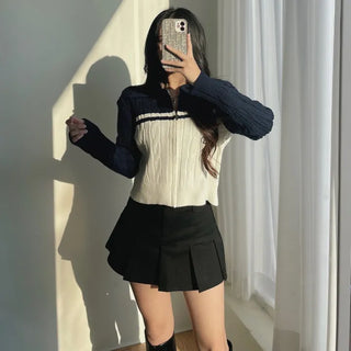 Cable Knit Color Block Collar Zip-Up