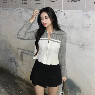 Cable Knit Color Block Collar Zip-Up