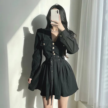 Gold Button Trench Pleated Dress Jacket
